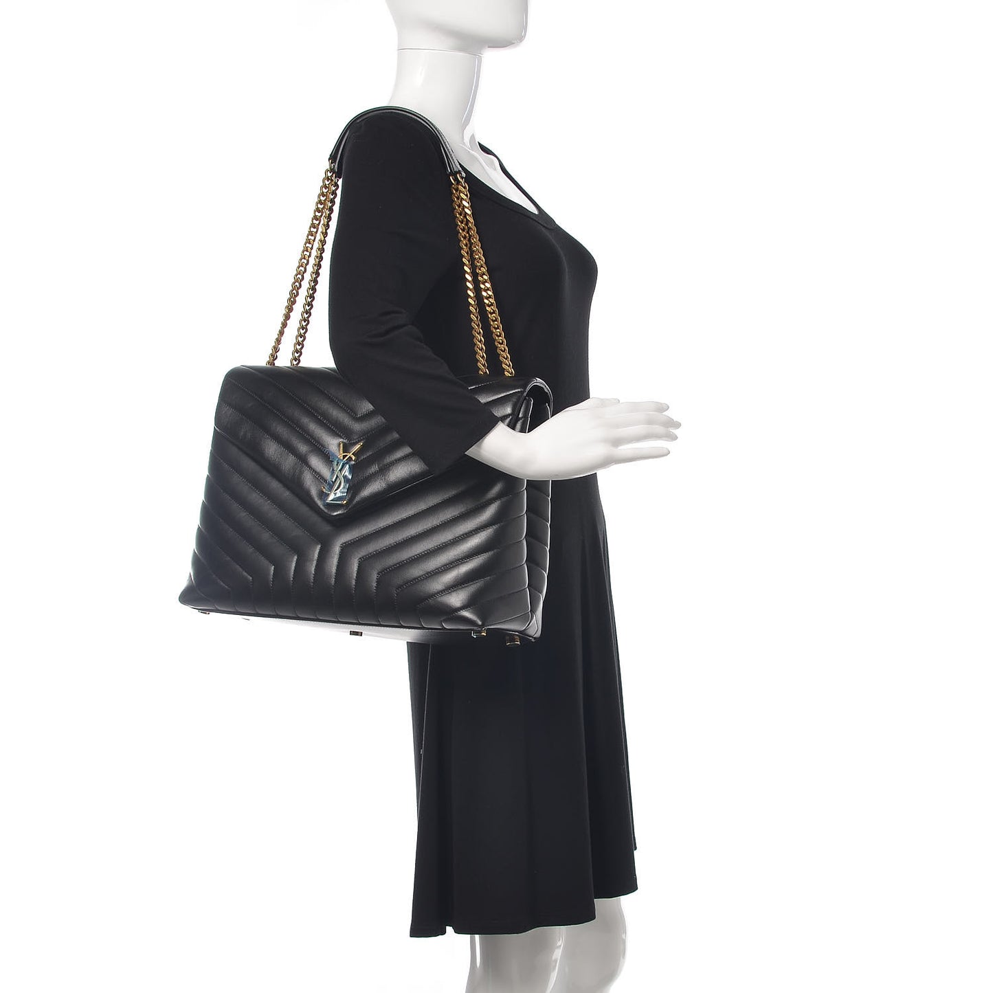Calfskin Y Quilted Monogram Large Loulou Chain Satchel Black