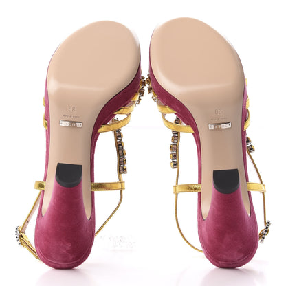 Gucci Velvet Nappa Crystal Zephyra Slingback Platform High Heel Sandals 39 Pink Gold 6 of 9