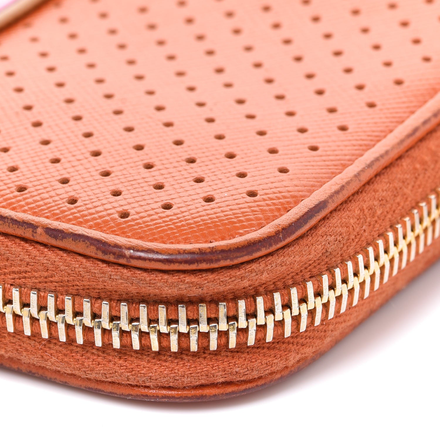 Prada Saffiano Perforated Striped Zip Around Wallet Papaya Caramel 13 of 15
