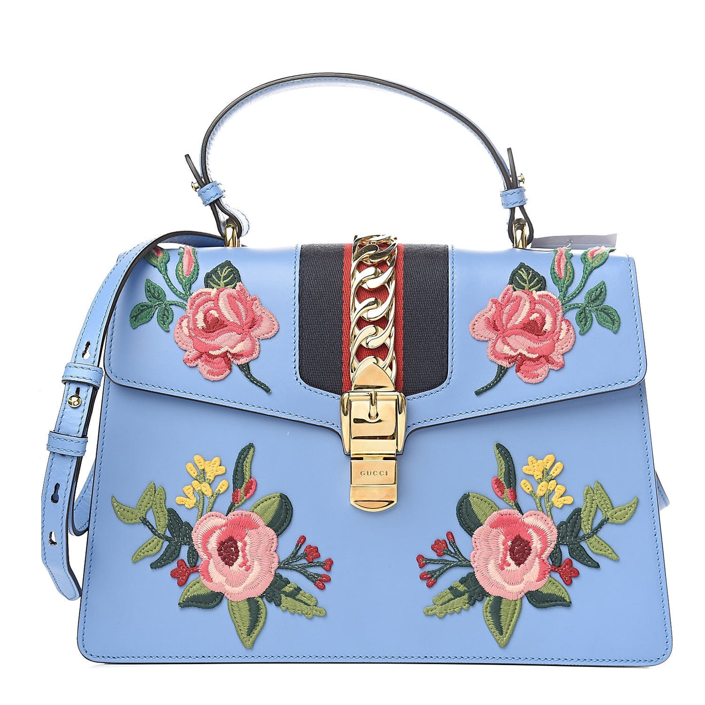Calfskin Embroidered Medium Sylvie Top Handle Bag Clear Sky Blue