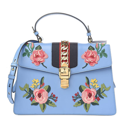 Gucci Calfskin Embroidered Medium Sylvie Top Handle Bag Clear Sky Blue 1 of 11