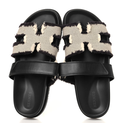 Hermes Techno Fringed H Canvas Caflskin Womens Chypre Sandals 38 Prunoir Black 2 of 9