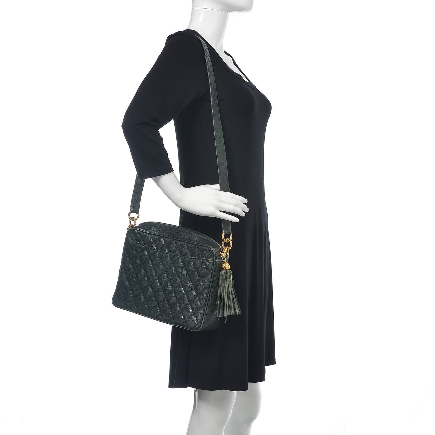 Caviar Quilted Tassel Camera Bag Dark Green