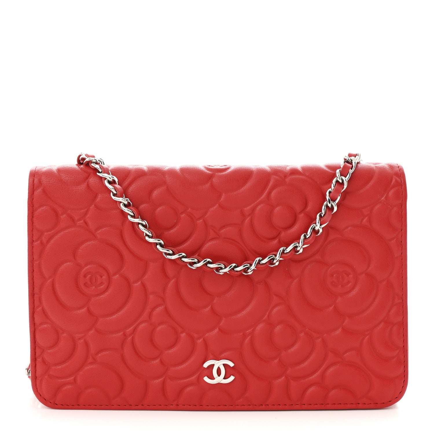 Chanel Lambskin Camellia Embossed Wallet on Chain WOC Red 1 of 12
