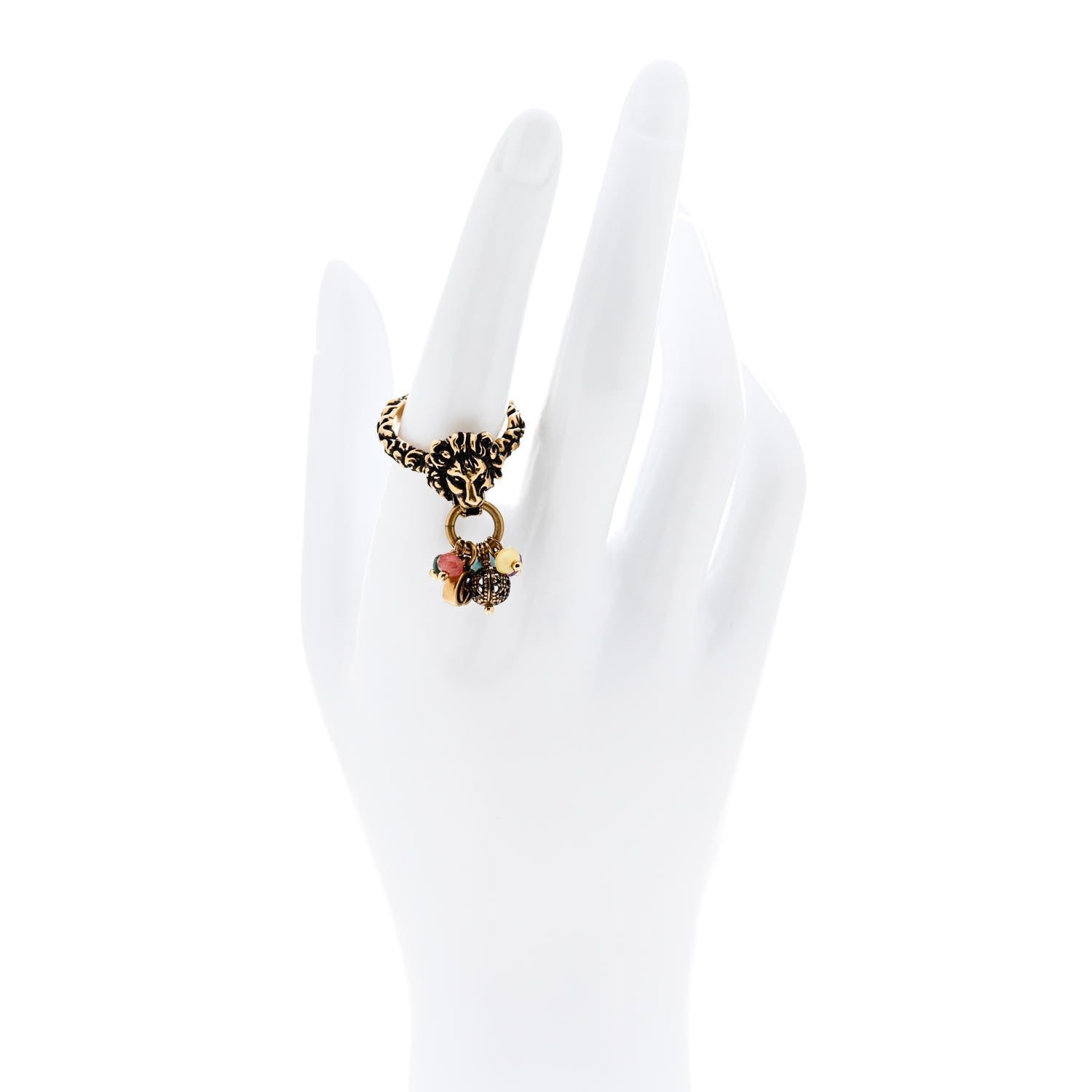 Gucci Metal Glass Bead Lion Head GG Ring M Aged Gold Multicolor 2 of 7