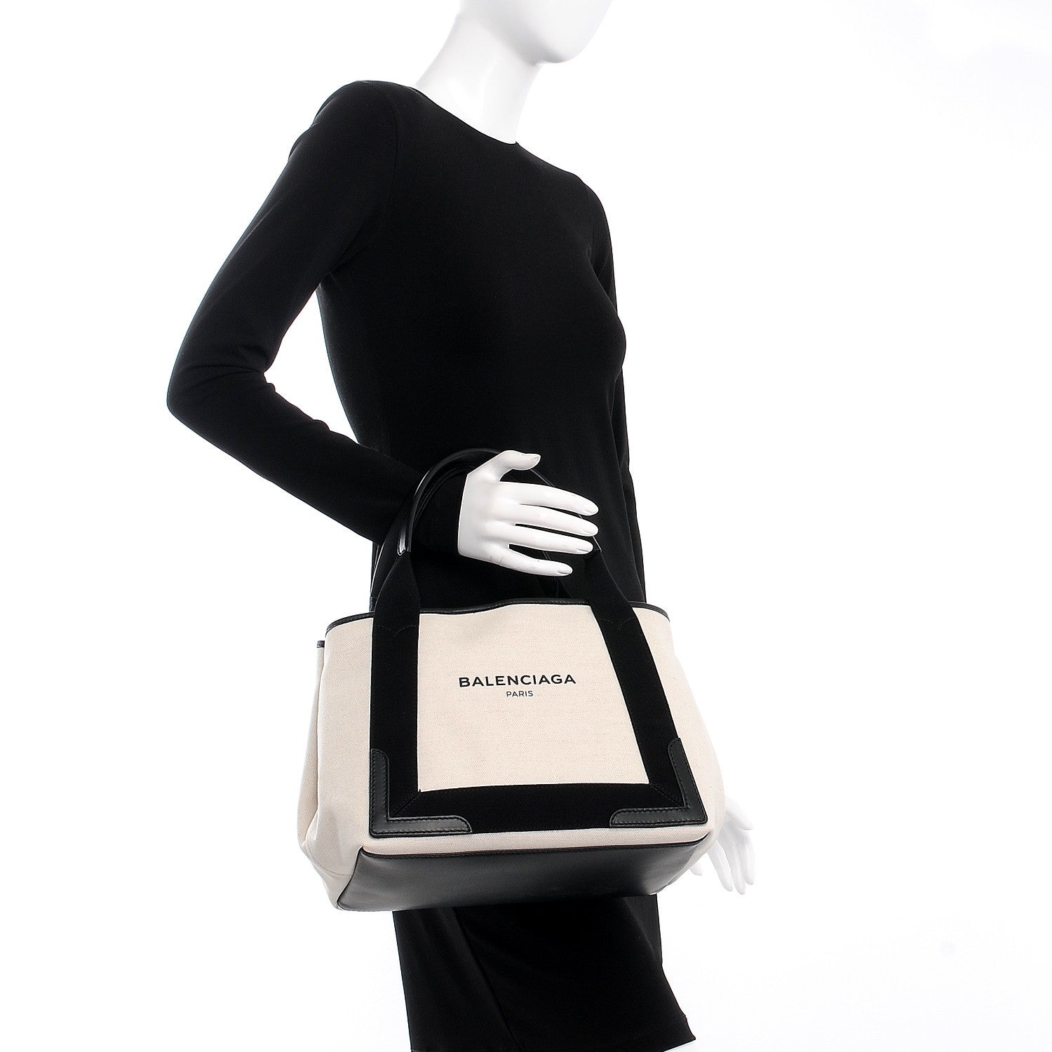 Balenciaga Cotton Canvas Satin Calfskin S Navy Cabas Natural Black 2 of 8