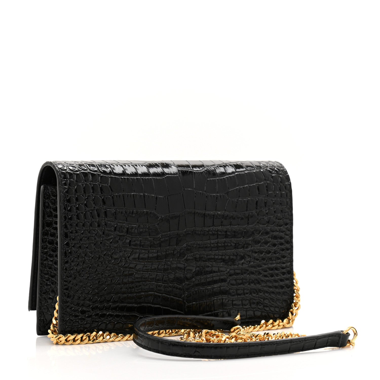 Saint Laurent Calfskin Crocodile Embossed Kate Monogram Tassel Chain Wallet Black 2 of 8