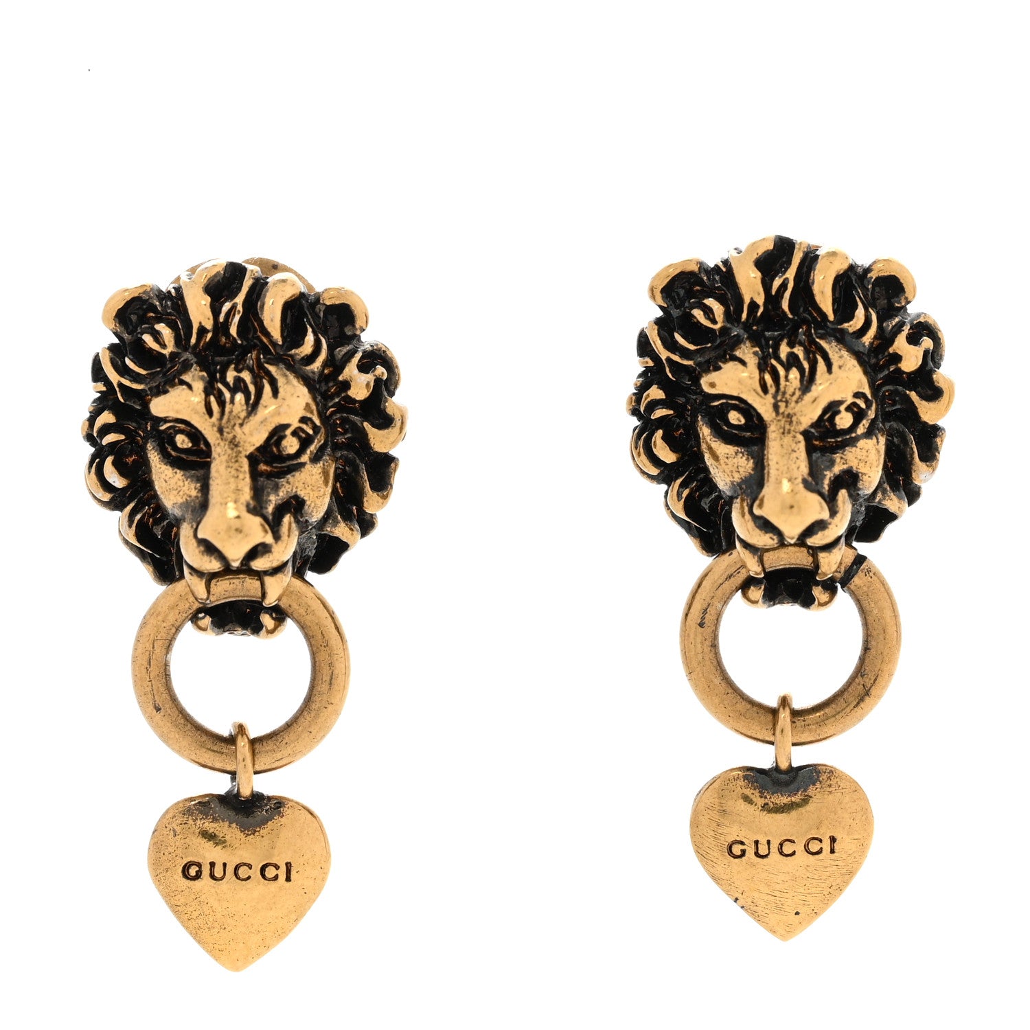 Gucci Metal Lion Head Heart Drop Earrings Aged Gold 1 of 5
