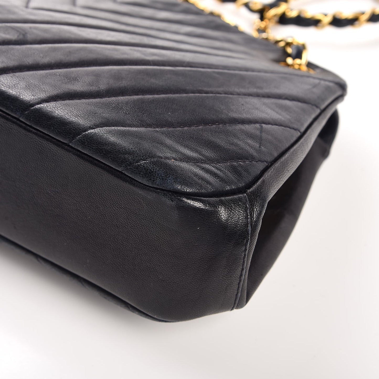 Vintage Lambskin Chevron Quilted Frame Shoulder Bag Navy