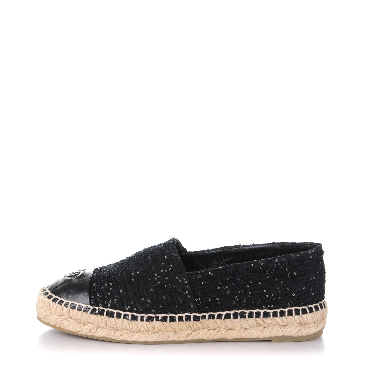 Chanel Tweed Patent Goatskin Sequin CC Espadrilles 38 Black 1 of 14
