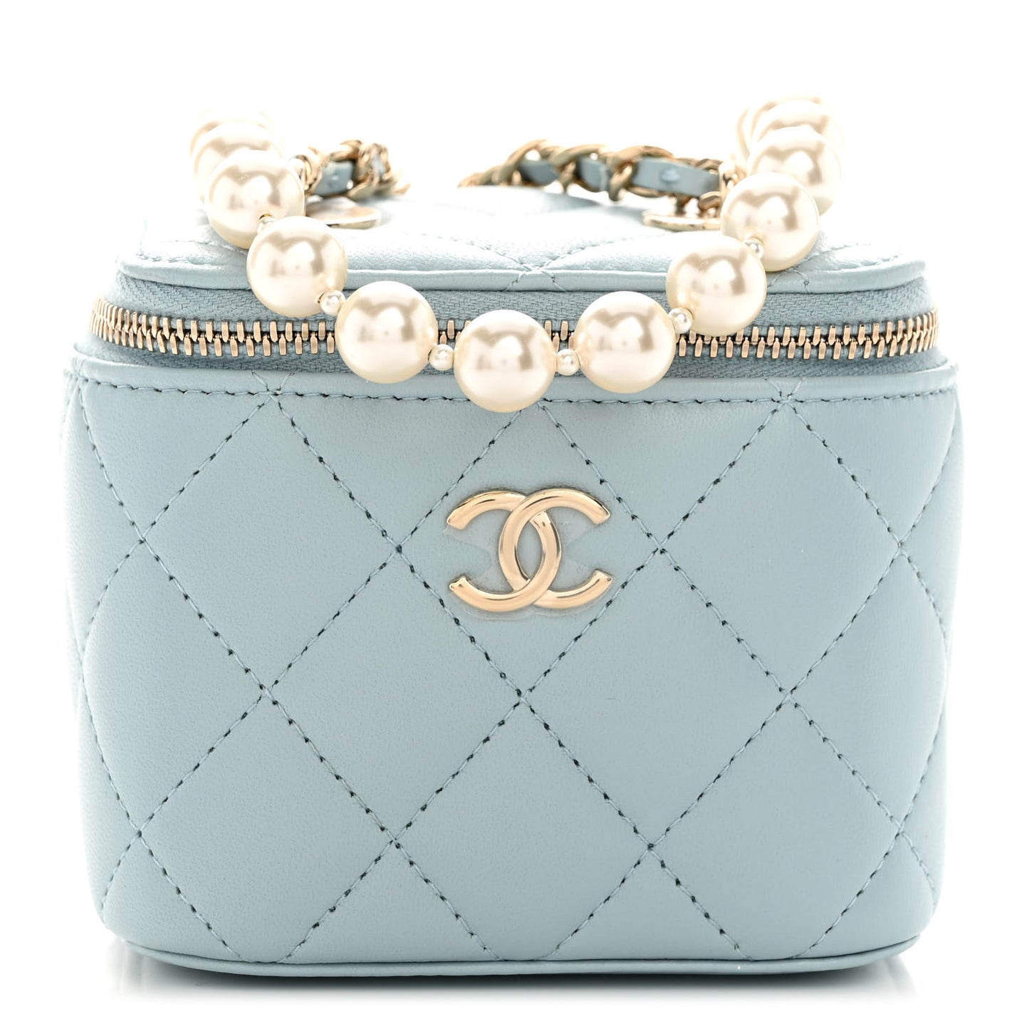 Lambskin Quilted Mini Vanity Case With Pearl Chain Light Blue