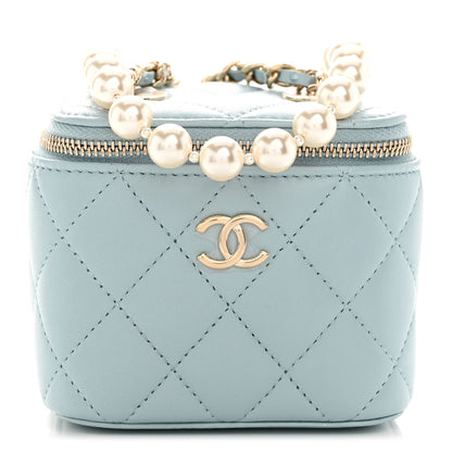 Chanel Lambskin Quilted Mini Vanity Case With Pearl Chain Light Blue 1 of 10