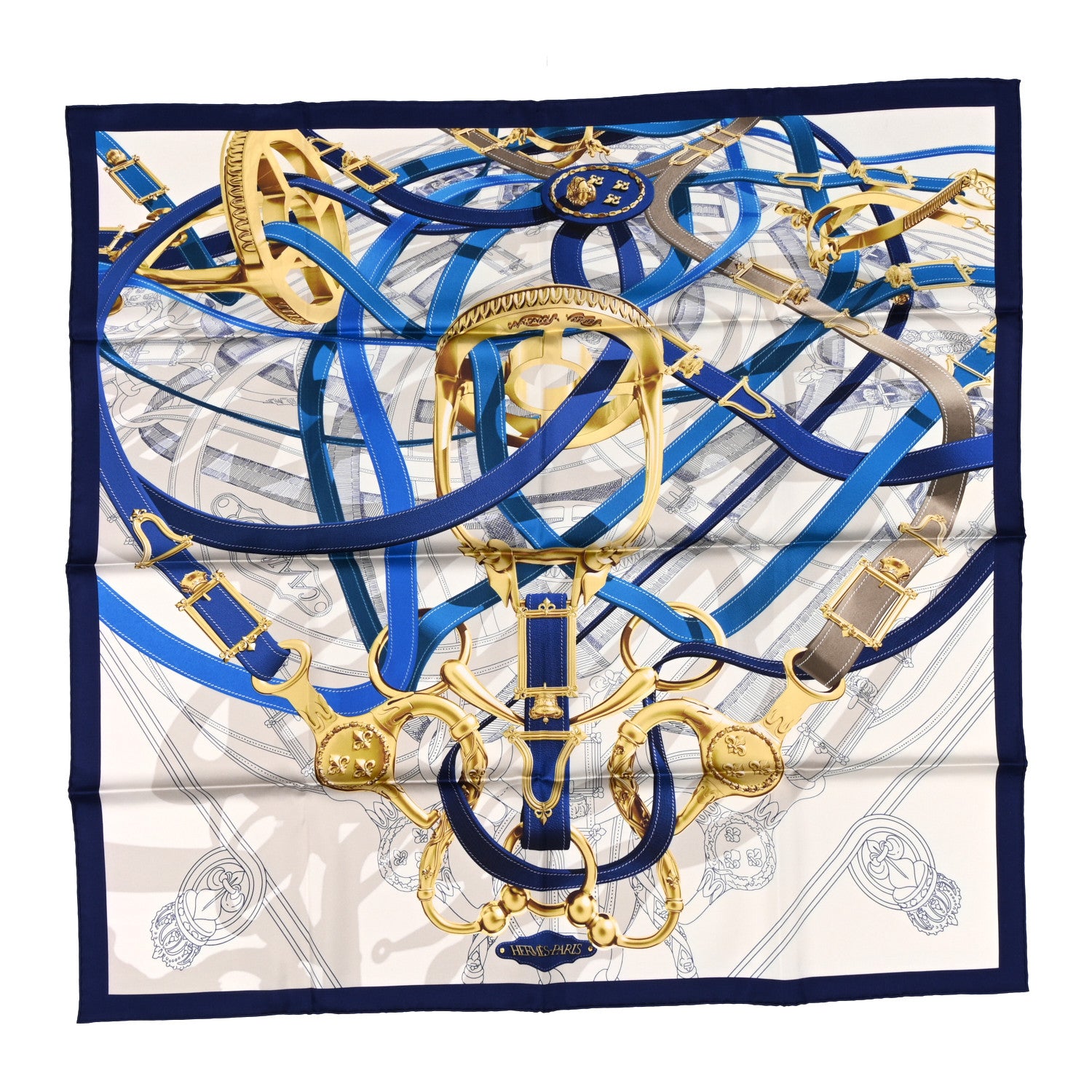 Hermes Silk Cavalcadour Voltigeur Scarf 90 Bleu Roy Creme Cobalt 1 of 3