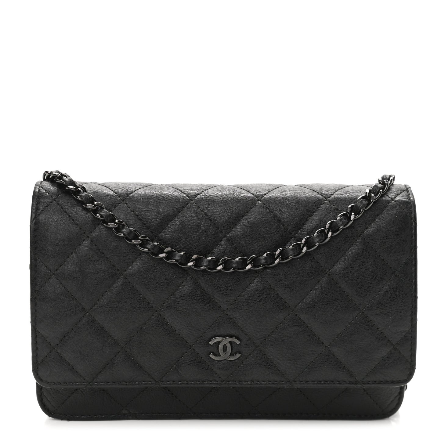 Crumpled Calfskin Quilted Wallet On Chain WOC So Black