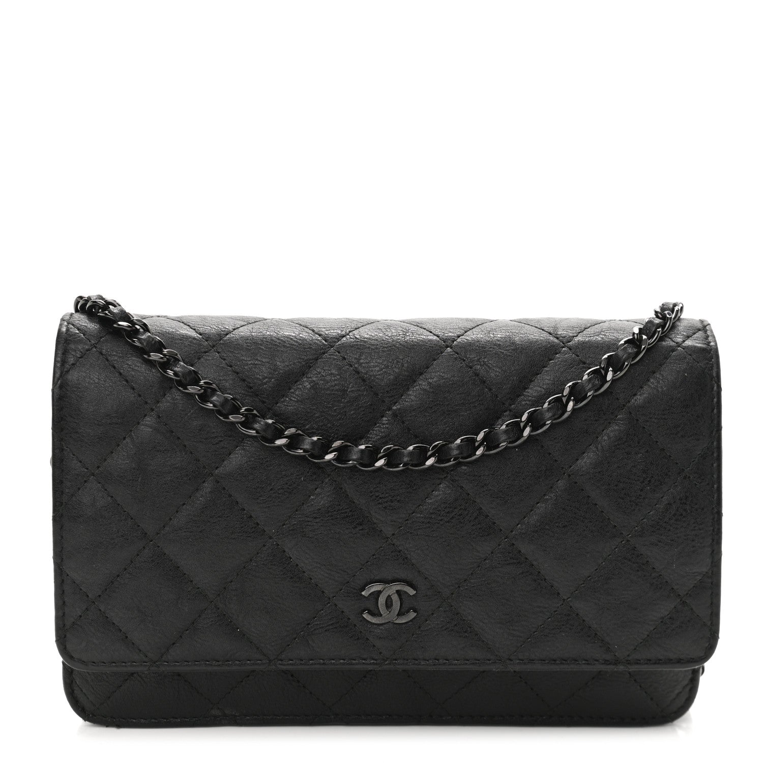 Chanel Crumpled Calfskin Quilted Wallet On Chain WOC So Black 1 of 12