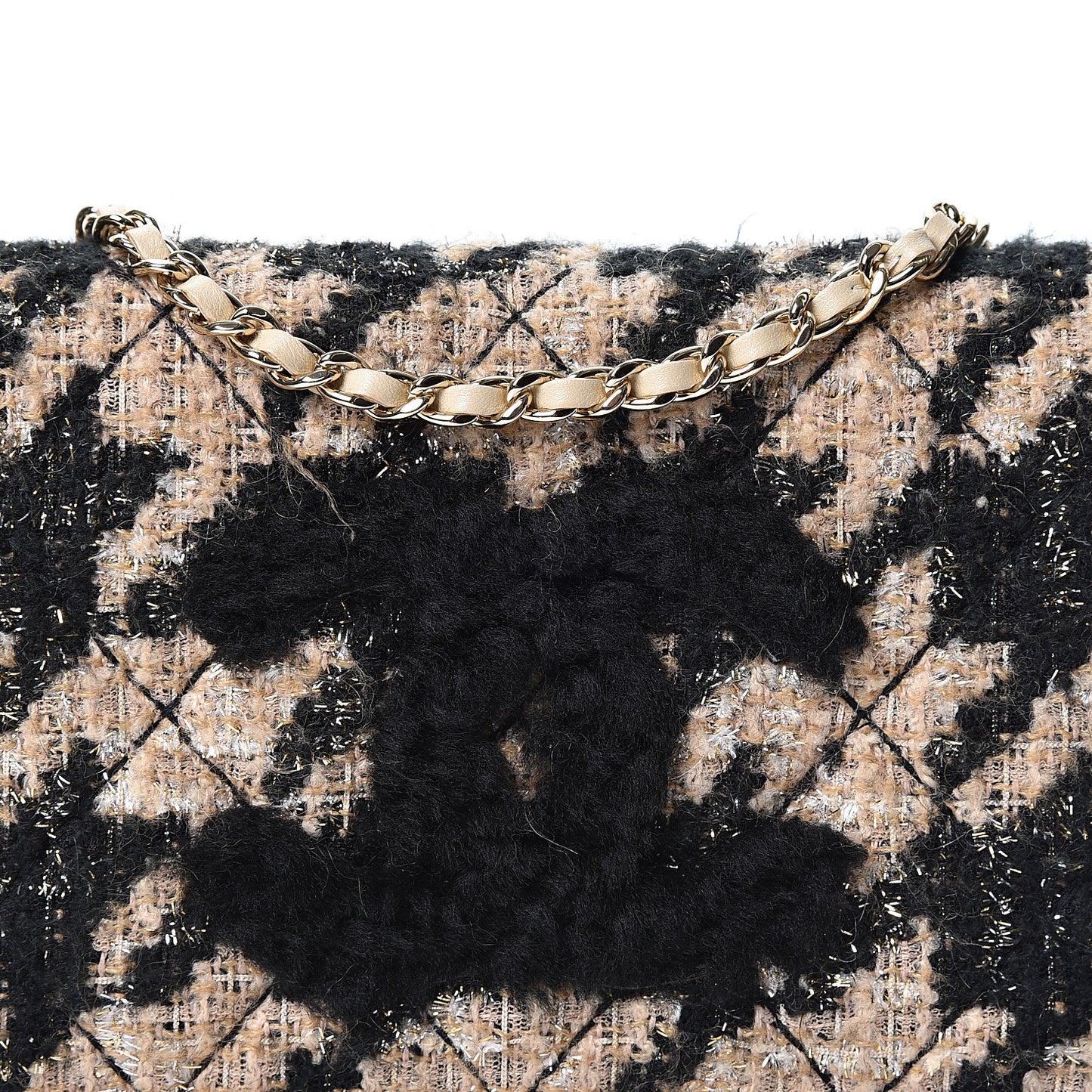 Tweed Shearling Quilted Wallet On Chain WOC and Coin Purse Beige Black