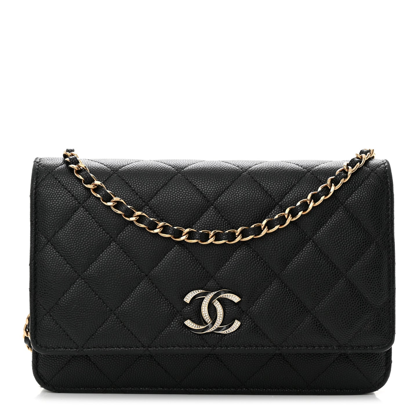Caviar Quilted Crystal Enamel CC Wallet On Chain WOC Black