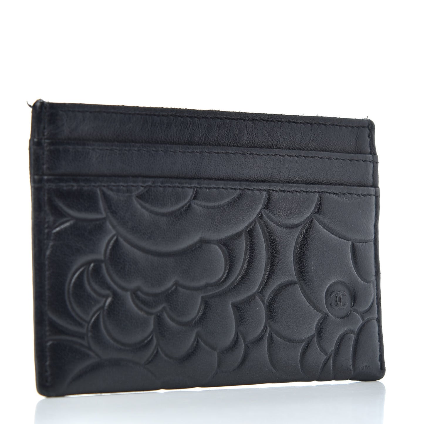 Lambskin Camellia Embossed Card Holder Black