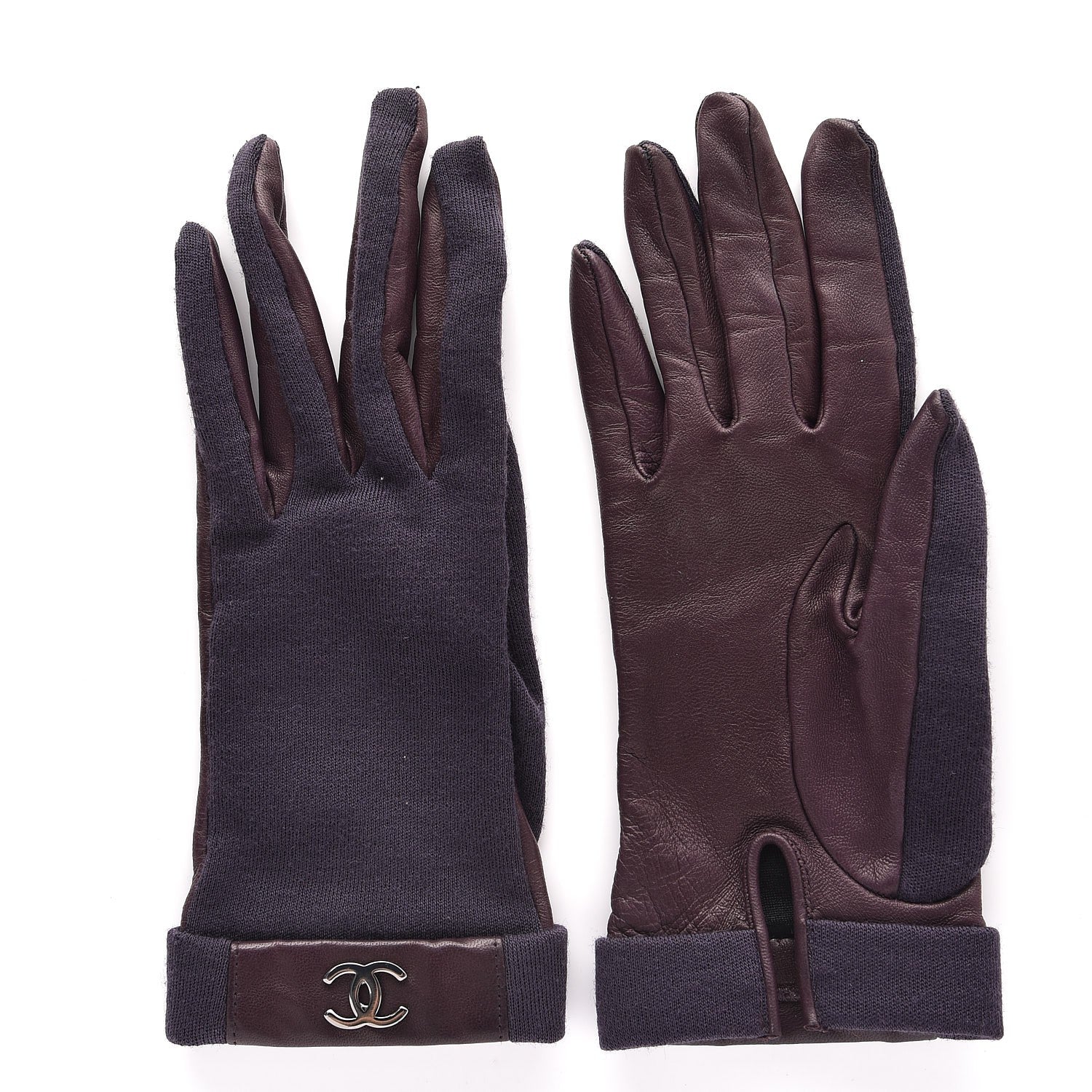 Chanel Silk Lambskin Knit CC Gloves 7.5 Dark Purple 1 of 7
