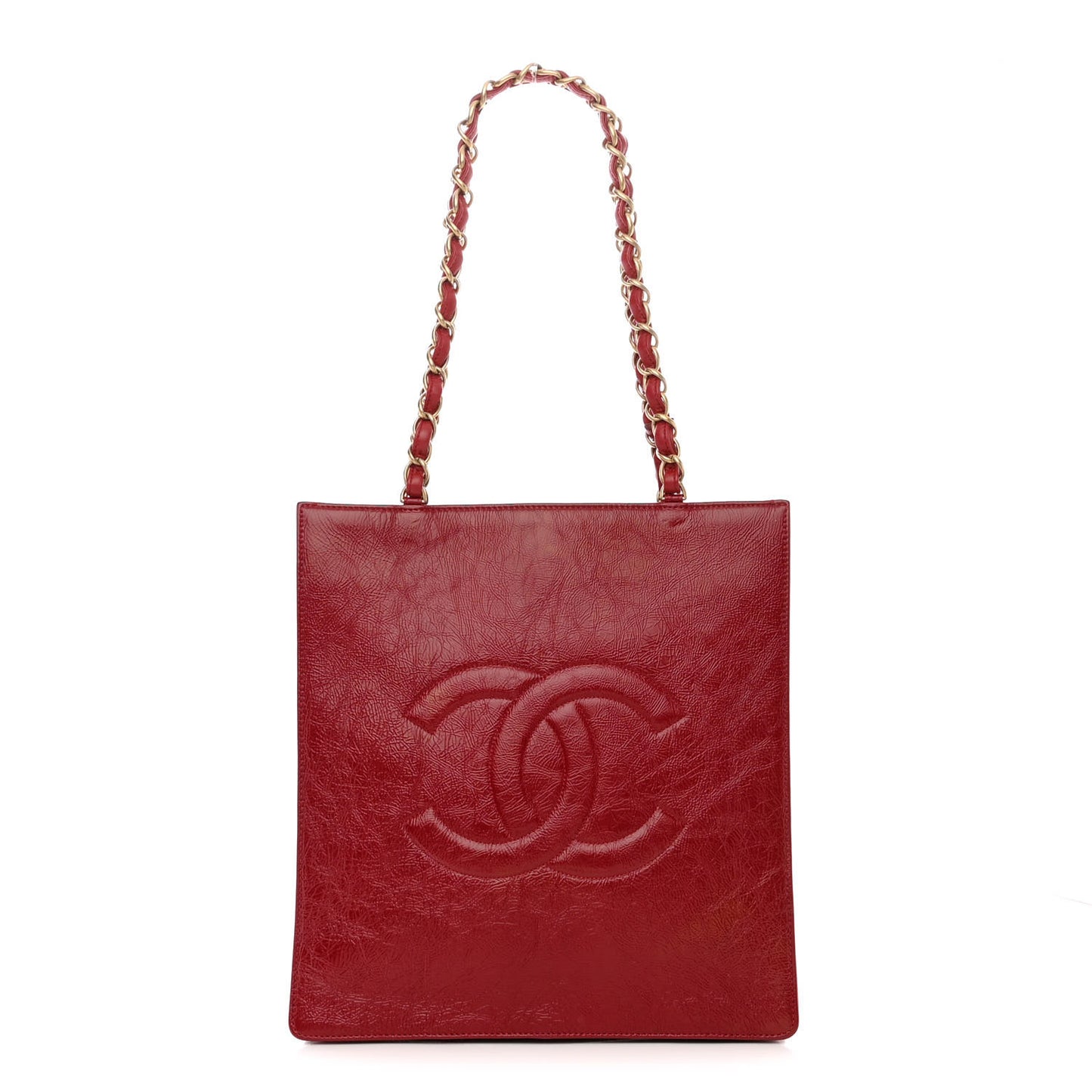 Shiny Aged Calfskin North South Shopping Bag Red