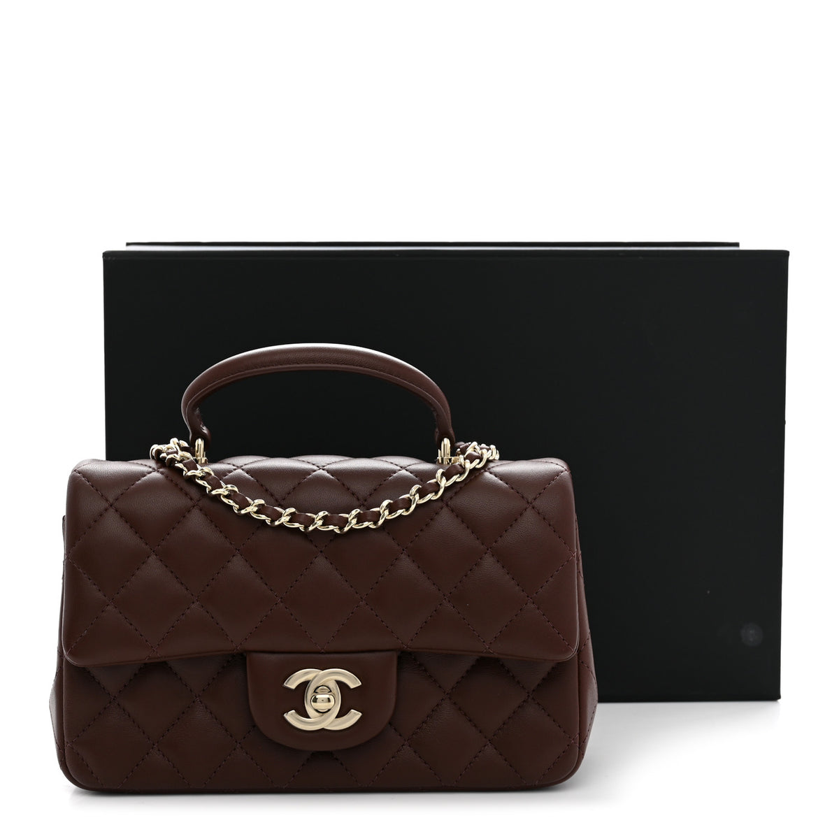 Lambskin Quilted Mini Top Handle Rectangular Flap Dark Brown