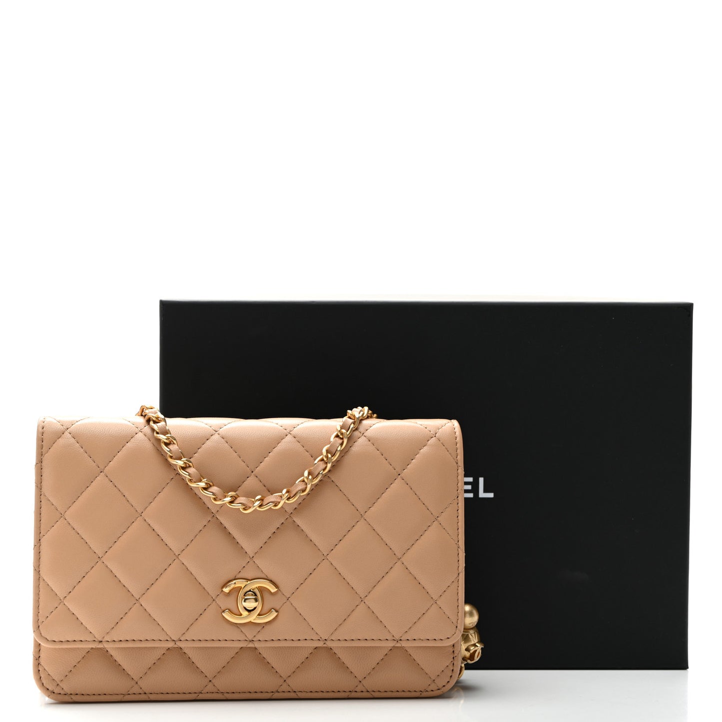 Lambskin Quilted CC Pearl Crush Wallet on Chain WOC Beige