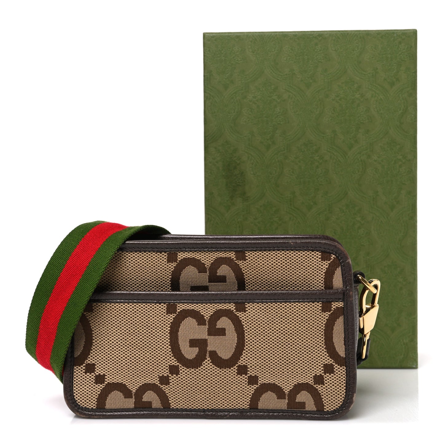 Monogram Jumbo GG Textured Dollar Calfskin Web Mini Crossbody Bag Camel Ebony New Acero