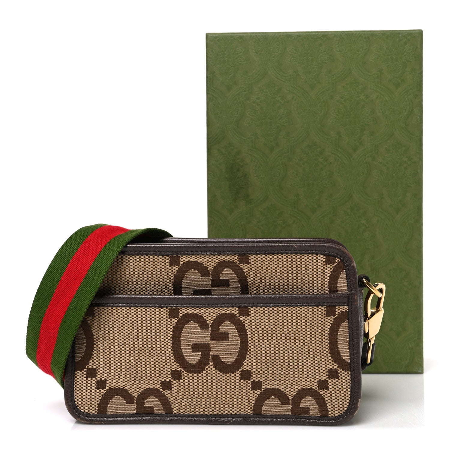 Gucci Monogram Jumbo GG Textured Dollar Calfskin Web Mini Crossbody Bag Camel Ebony New Acero 11 of 11