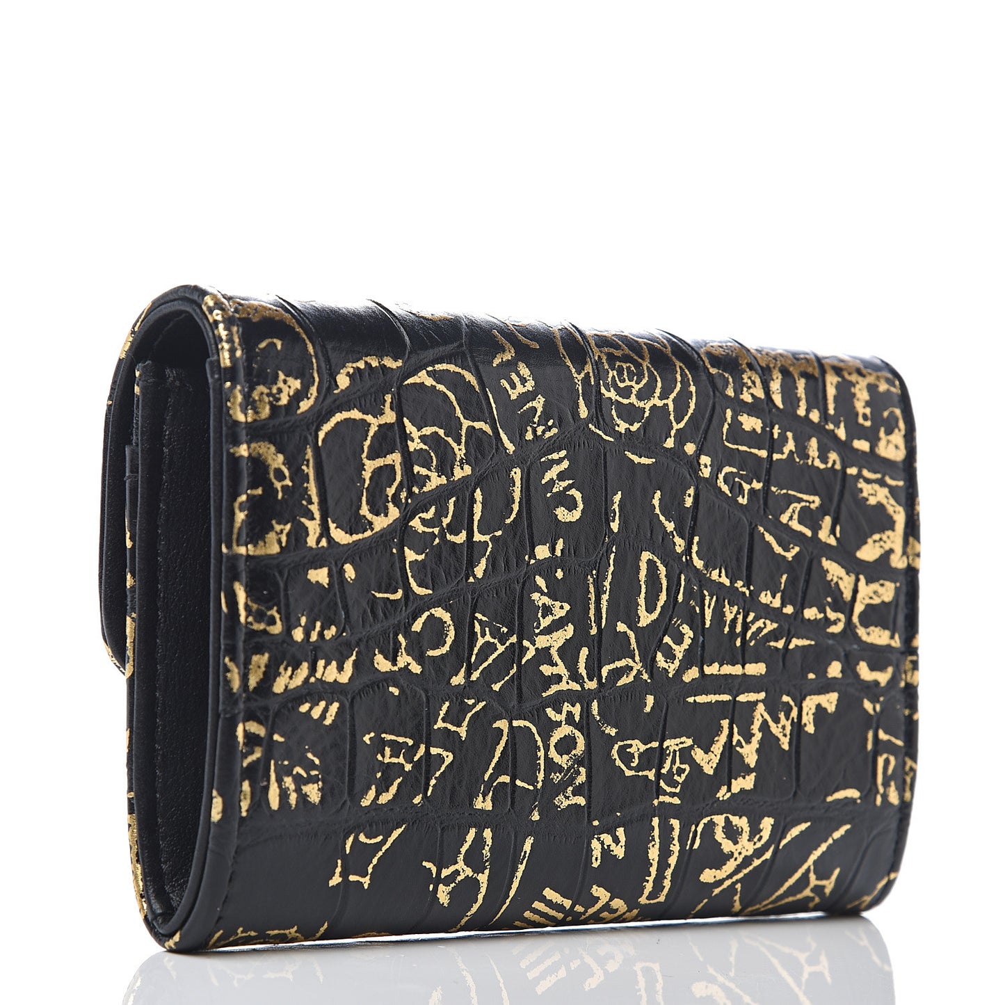 Calfskin Crocodile Embossed Graffiti Reissue Card Holder Wallet Black Gold