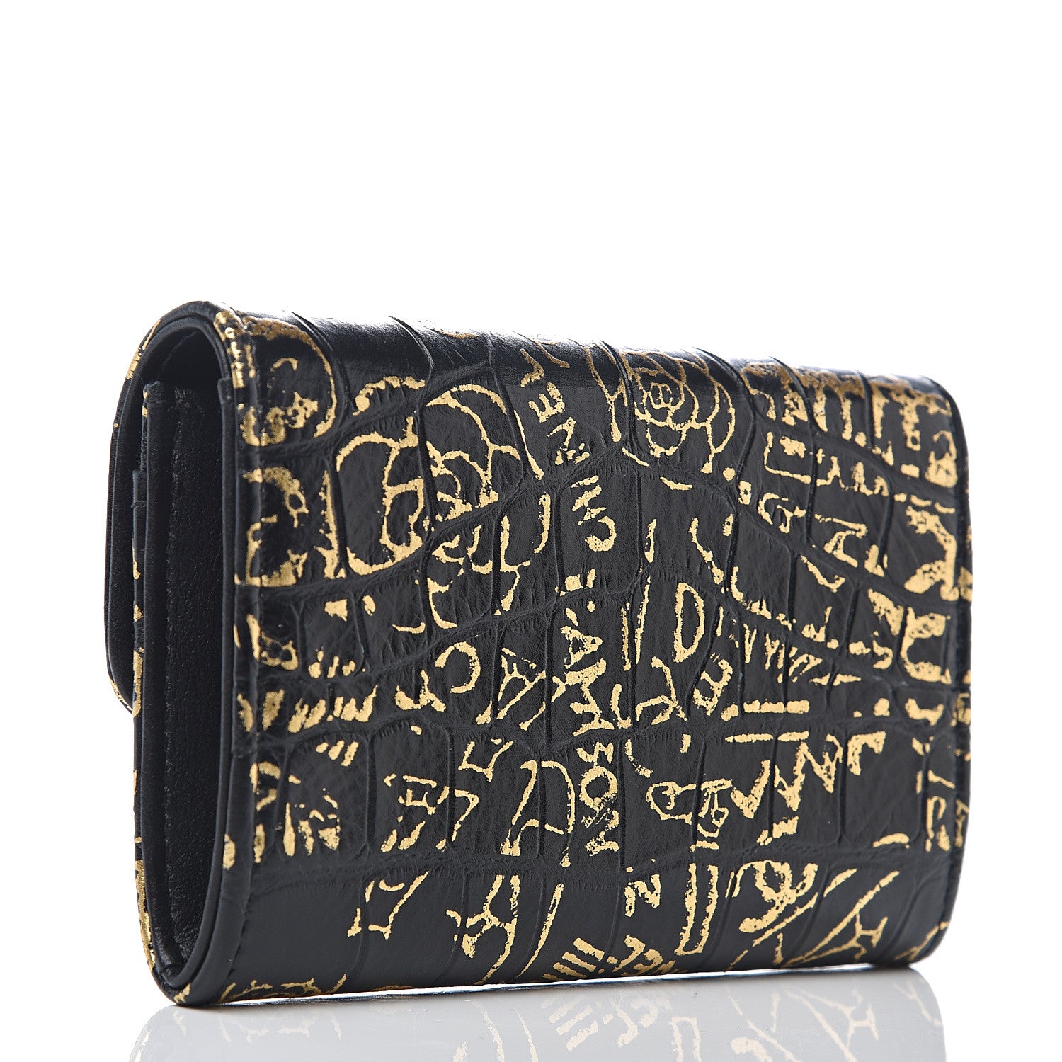 Chanel Calfskin Crocodile Embossed Graffiti Reissue Card Holder Wallet Black Gold 2 of 8