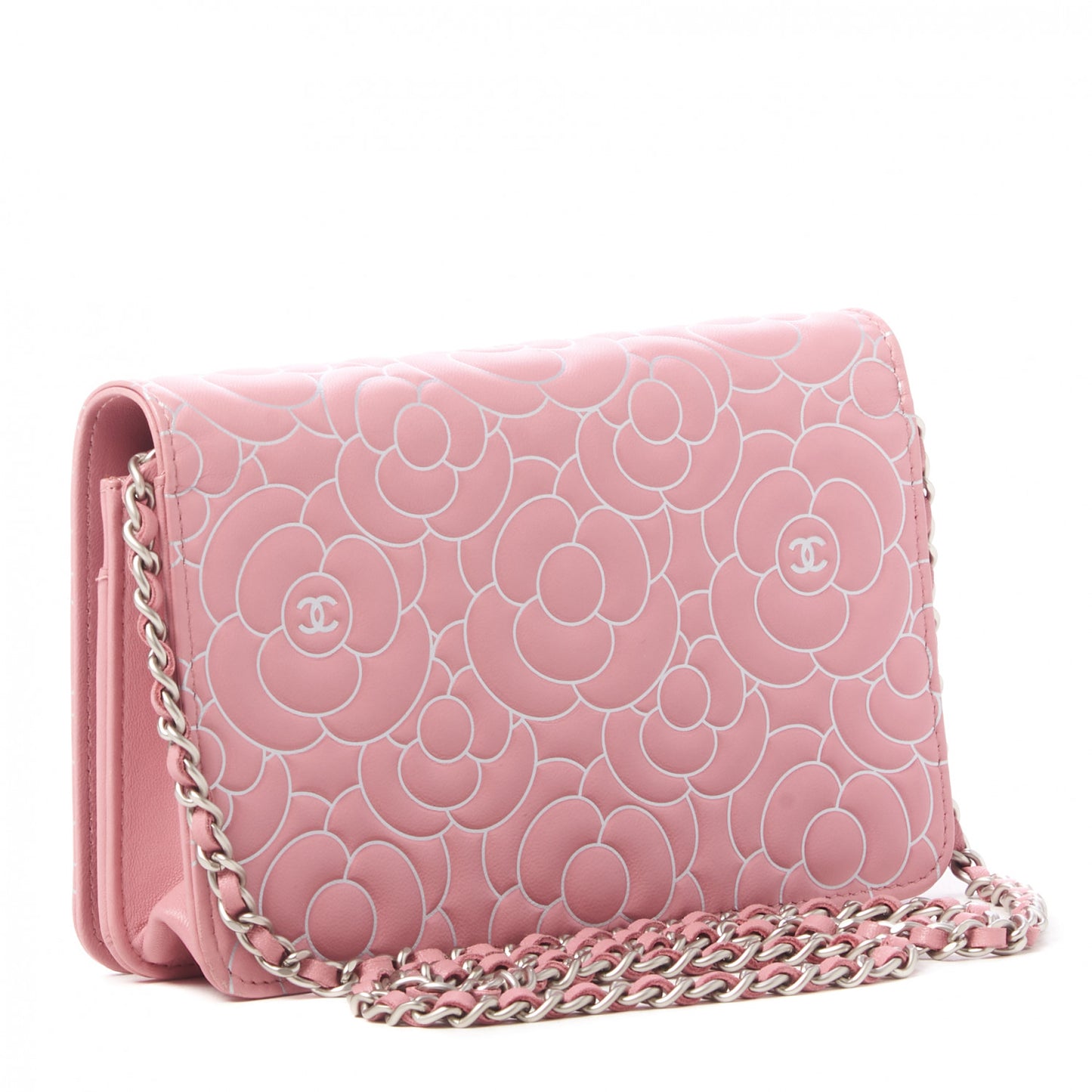 Lambskin Camellia Embossed Wallet On Chain WOC Pink