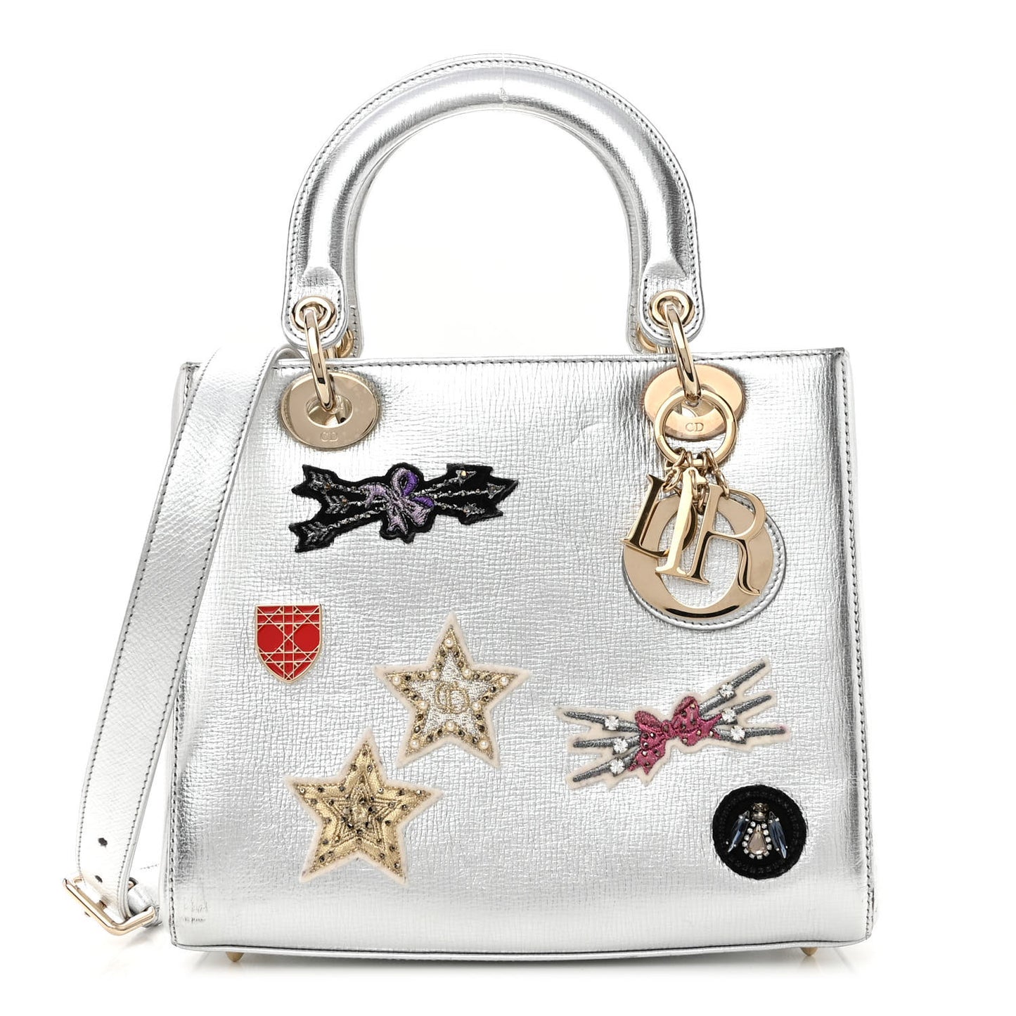 Metallic Calfskin Embroidered Lady Dior Silver Multicolor
