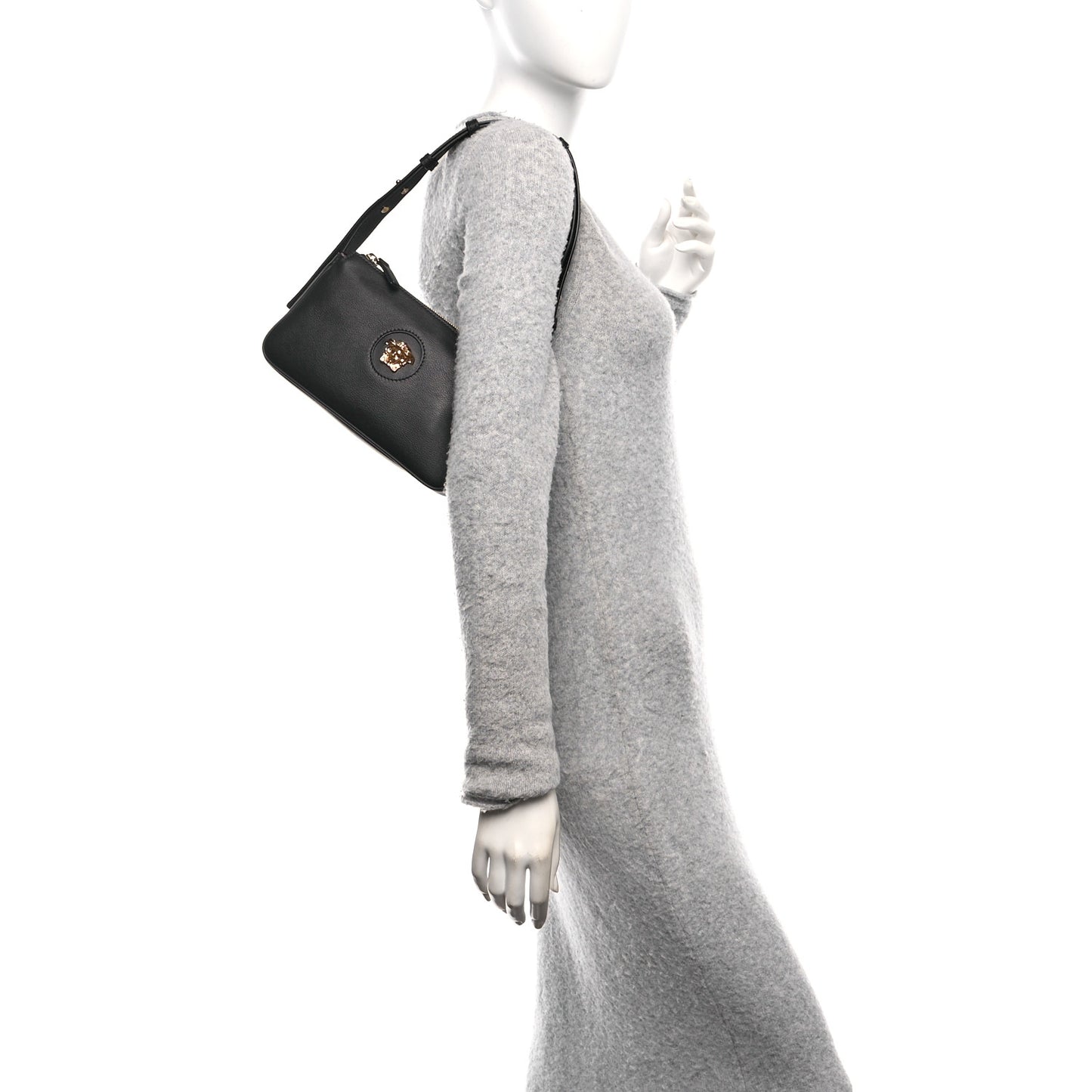 Grained Calfskin Medusa Shoulder Bag Black