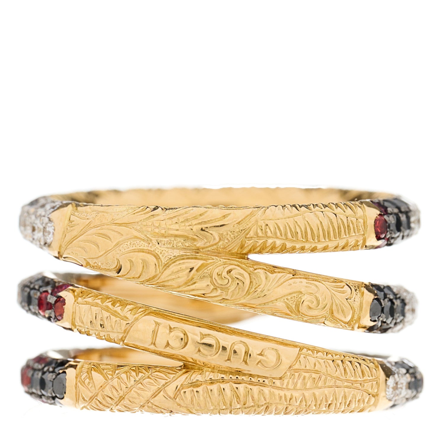 Gucci 18K Yellow Gold Black Diamond Topaz Sapphire Diamond Ouroboros Snake Three-Row Ring 51 5.75 4 of 6