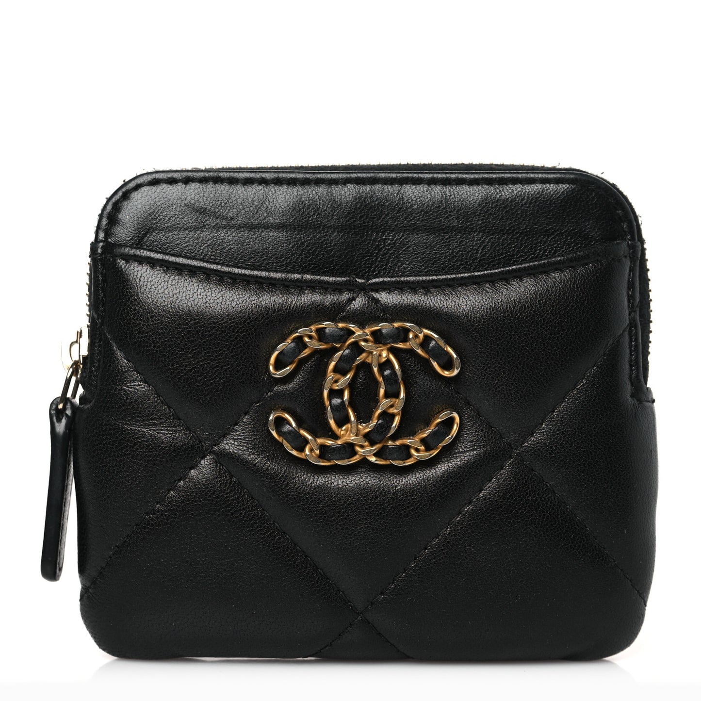 Lambskin Quilted Chanel 19 Zip Card Holder Wallet Black