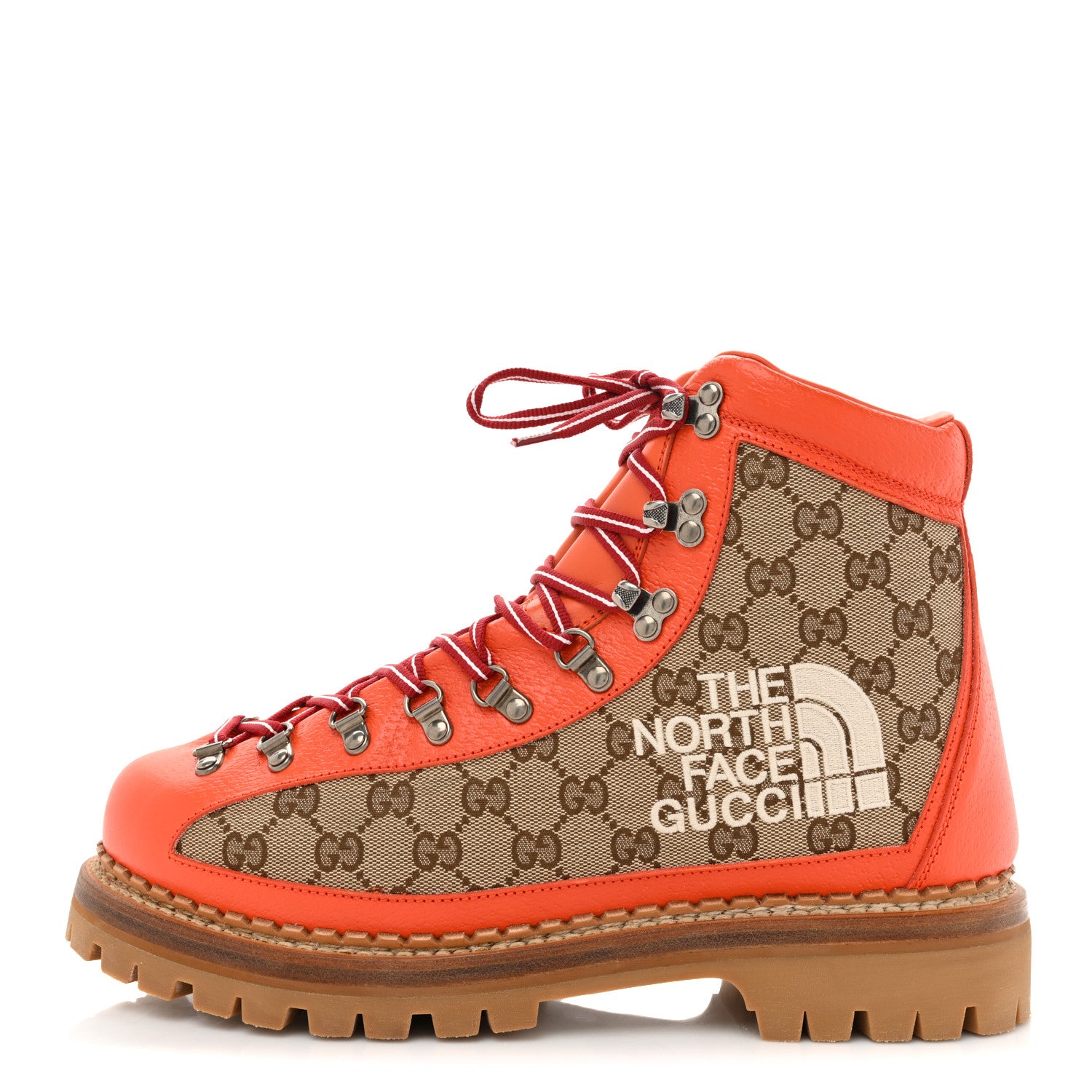 Gucci X THE NORTH FACE Monogram Textured Calfskin Mens Hiking Ankle Boots 11 Beige Ebony Deep Orange 1 of 16