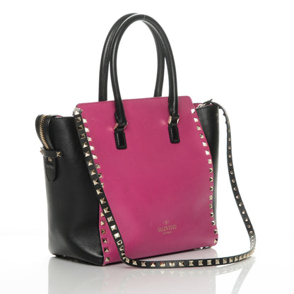 Valentino Garavani Vitello Bi-Color Rockstud Double Handle Tote Fuxia Black 3 of 6