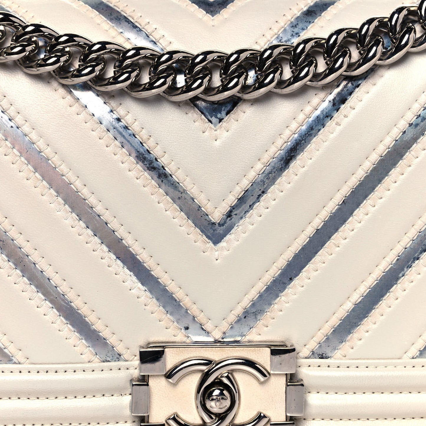 Lambskin Iridescent PVC Chevron Quilted Medium Boy Flap White Silver
