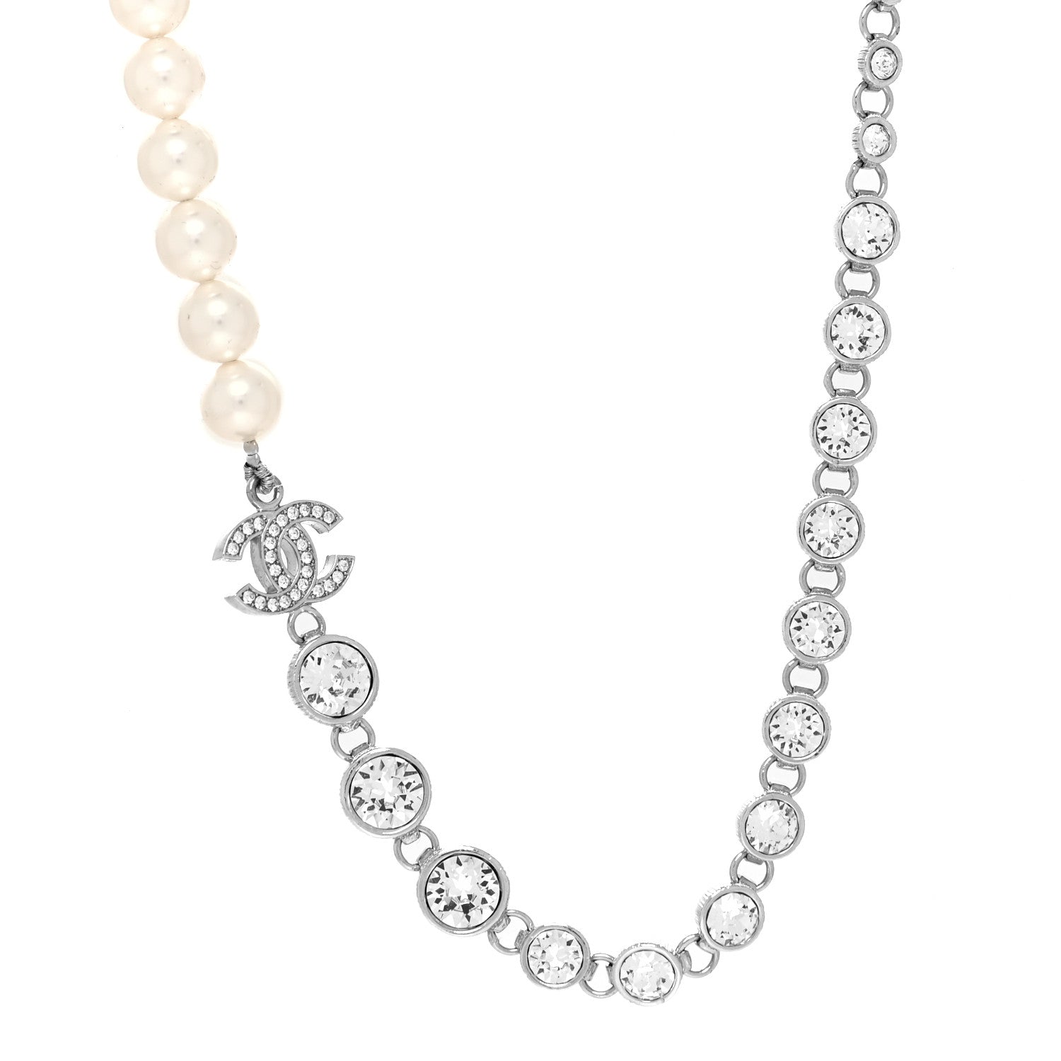 Chanel Pearl Crystal CC Choker Necklace Silver 2 of 5
