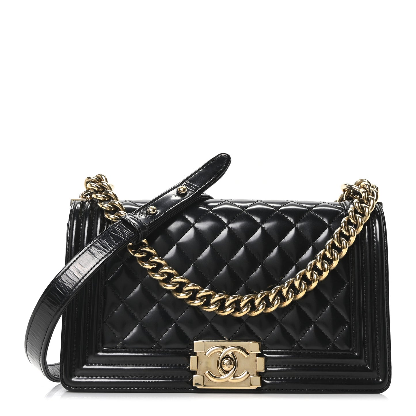 Iridescent Glazed Calfskin Quilted Medium Boy Flap Black