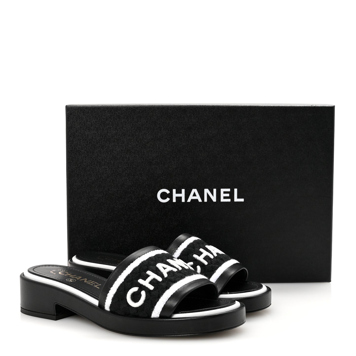 Lambskin Embroidered CC Mule Sandal 35 Black White