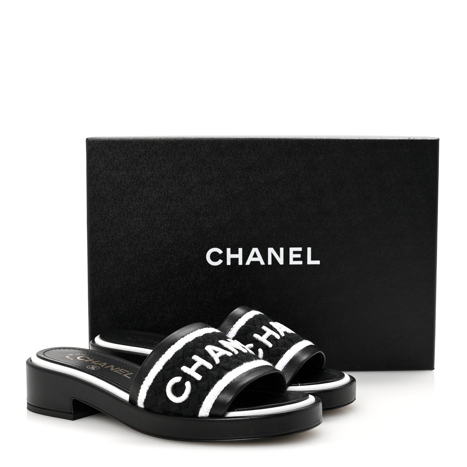 Chanel Lambskin Embroidered CC Mule Sandal 35 Black White 10 of 10