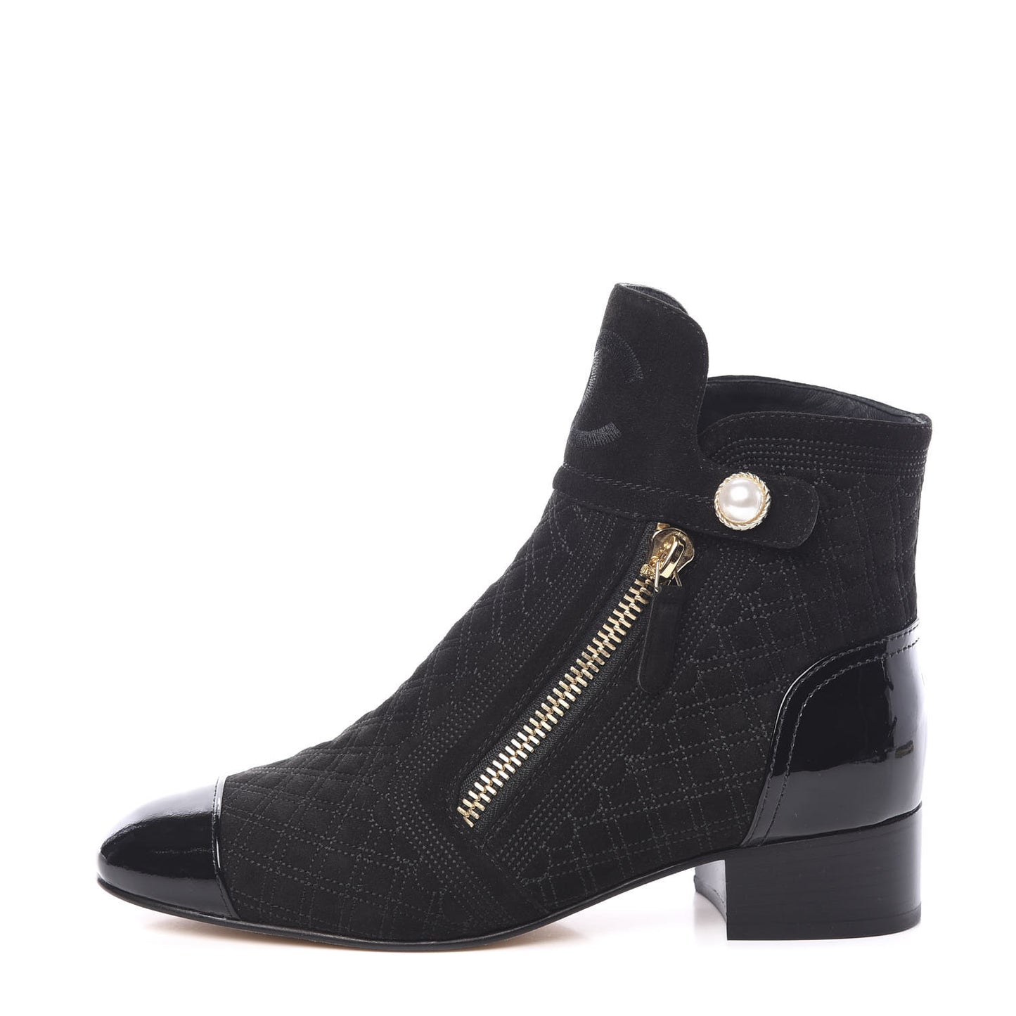Suede Patent Calfskin Quilted Cap Toe Short Boots 38.5 Black