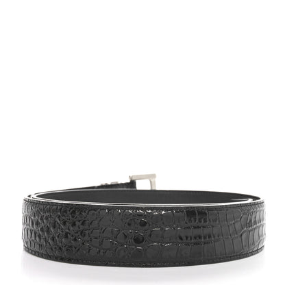 Saint Laurent Calfskin Crocodile Embossed Monogram Square Buckle Belt 75 30 Black 2 of 6
