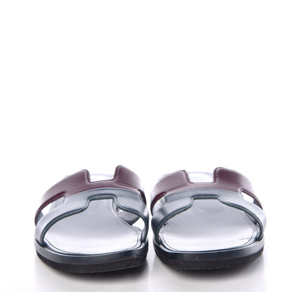 Hermes Box Calfskin Oran Sandals 37 Bleu Ardoise Bordeaux 2 of 12