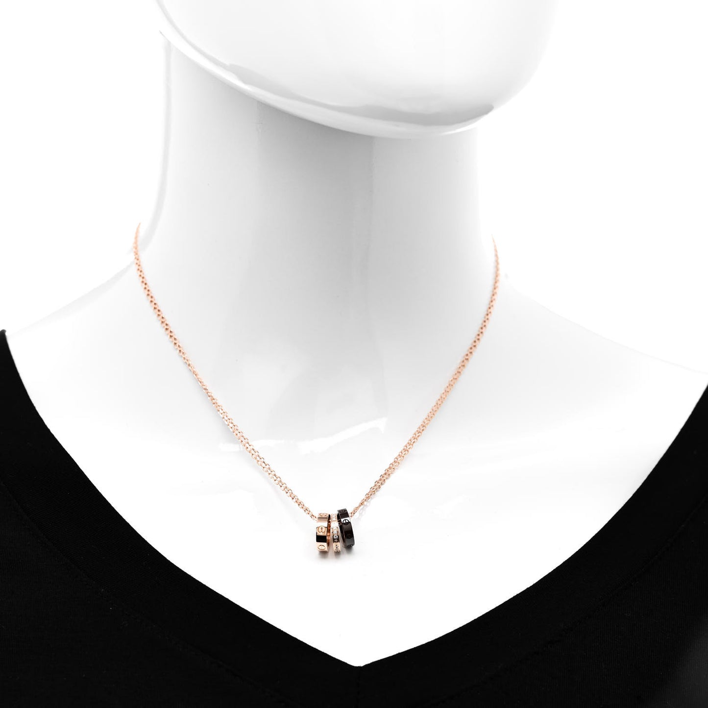 18K Pink Gold Ceramic Diamond Three Ring LOVE Pendant Necklace