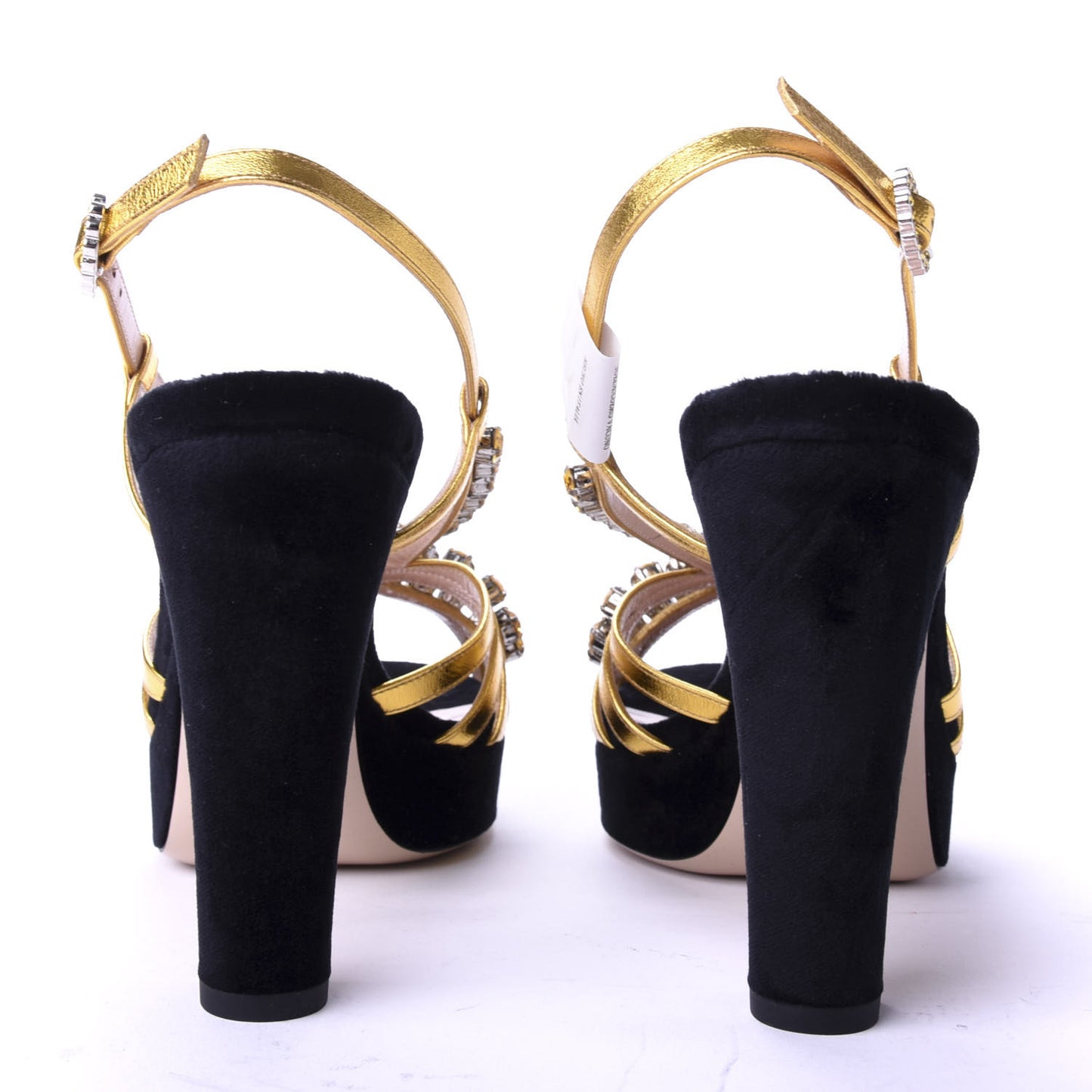 Velvet Nappa Crystal Zephyra Slingback Platform High Heel Sandals 36.5 Black Gold