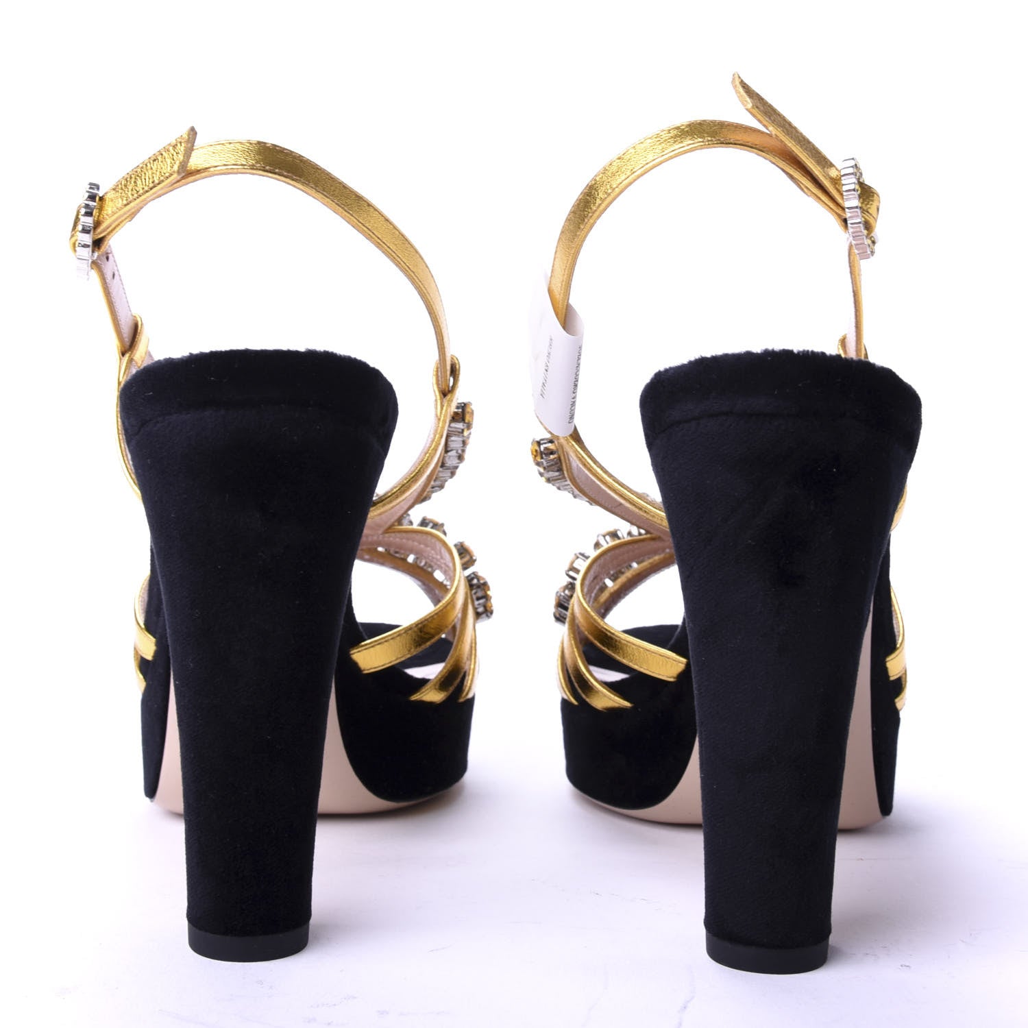 Gucci Velvet Nappa Crystal Zephyra Slingback Platform High Heel Sandals 36.5 Black Gold 6 of 9