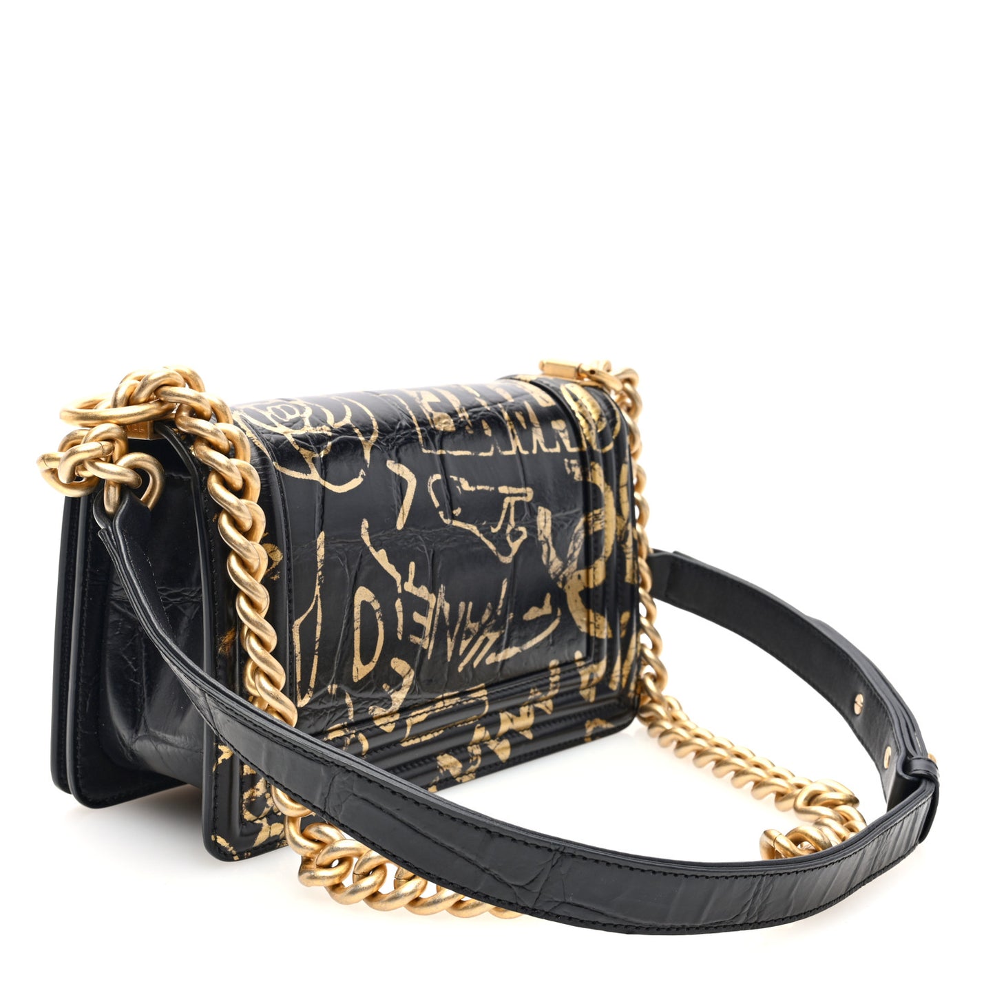 Calfskin Crocodile Embossed Graffiti Cocodile Small Boy Flap Black Gold