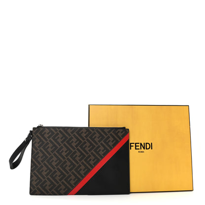 Fendi Glazed Fabric Vitello Liberty FF 1974 Diagonal Large Flat Pouch Tobacco Rosso Black 8 of 8